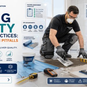 Professional Tiling Safety Course featuring PPE, tile installation tools, hazard prevention, and safe working practices.