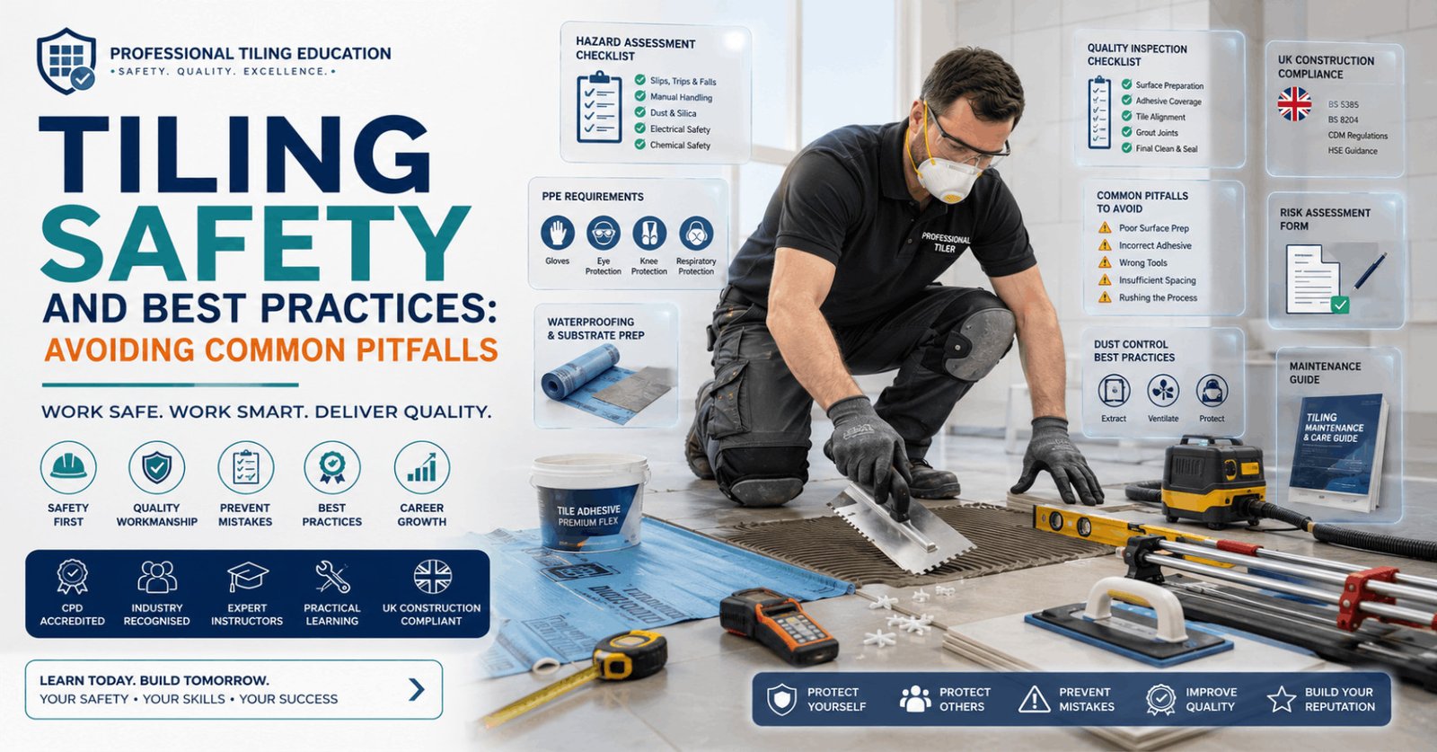 Professional Tiling Safety Course featuring PPE, tile installation tools, hazard prevention, and safe working practices.