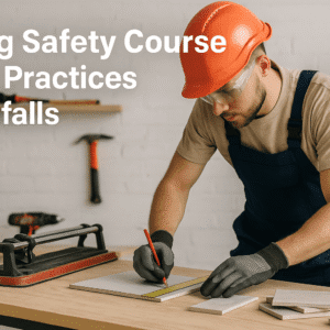 Professional tiler using safety gear and cutting tiles accurately – Tiling Safety Course Best Practices