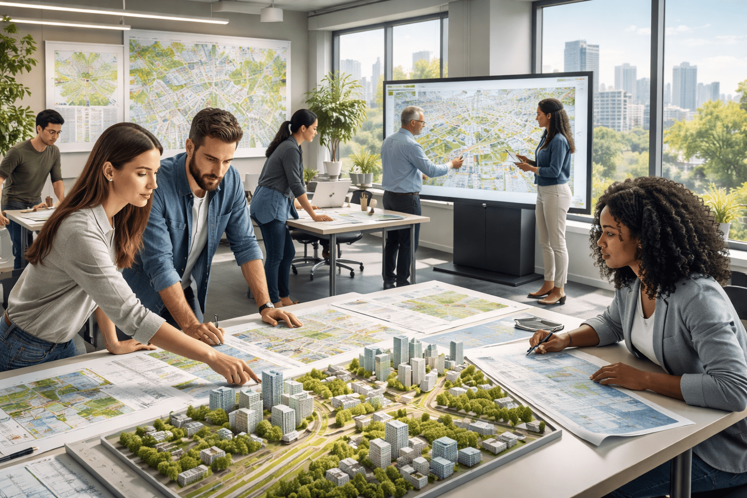 Town planning diploma students learning urban design, land use planning and sustainable community development in a modern city environment