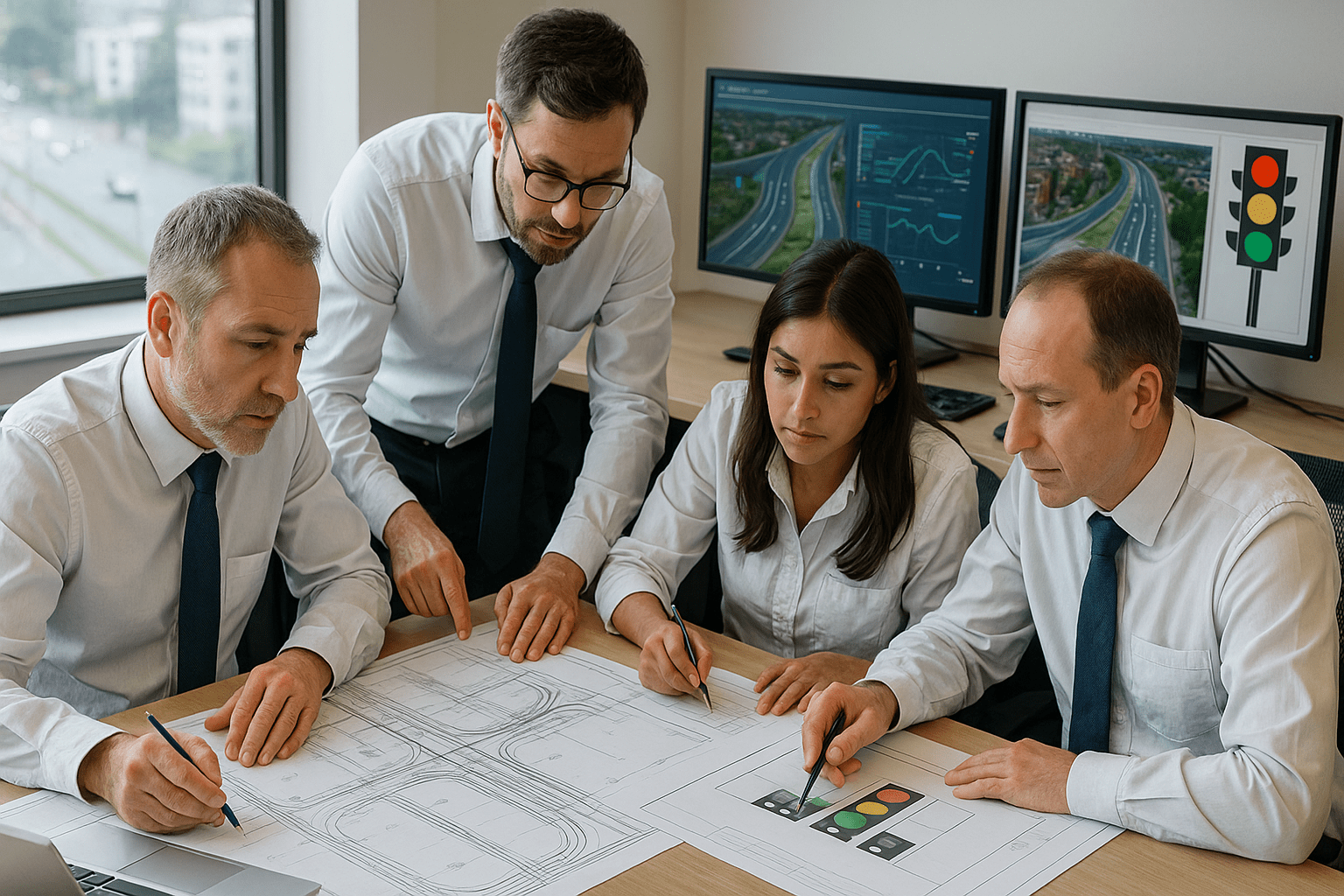 Engineers analysing road traffic data and signal design plans for the Traffic Engineering Diploma Level 3 course.
