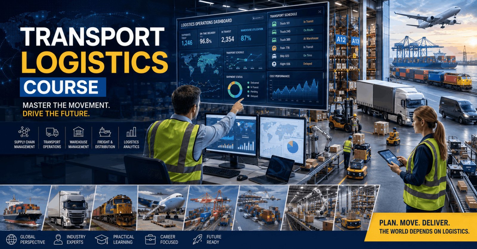 Logistics manager overseeing supply chain operations during a Transport Logistics Course in a modern distribution centre.