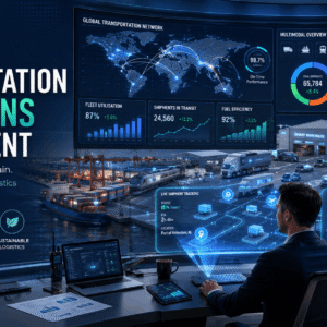 Transportation Operations Management specialist monitoring fleet logistics, route optimisation and supply chain dashboards.