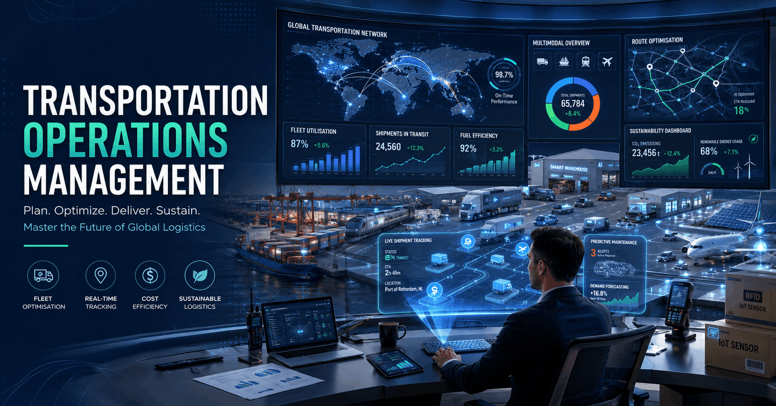 Transportation Operations Management specialist monitoring fleet logistics, route optimisation and supply chain dashboards.