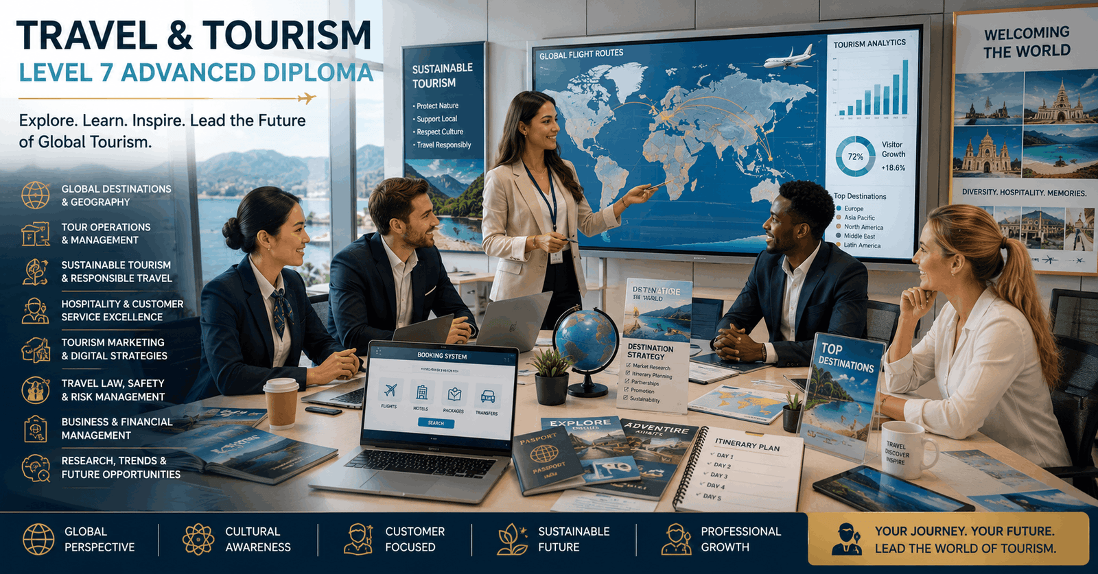 Travel and Tourism Diploma course showing tourism professionals planning international travel experiences