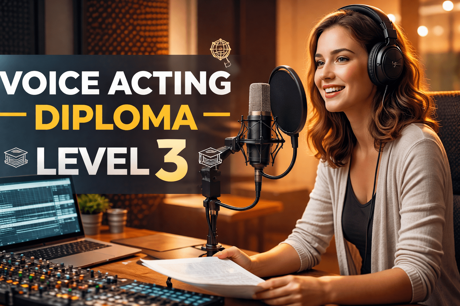 Student recording dialogue in a professional studio for a voice acting diploma Level 3 course
