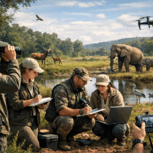 Wildlife Conservation Diploma students learning wildlife protection and habitat conservation in a natural fieldwork setting