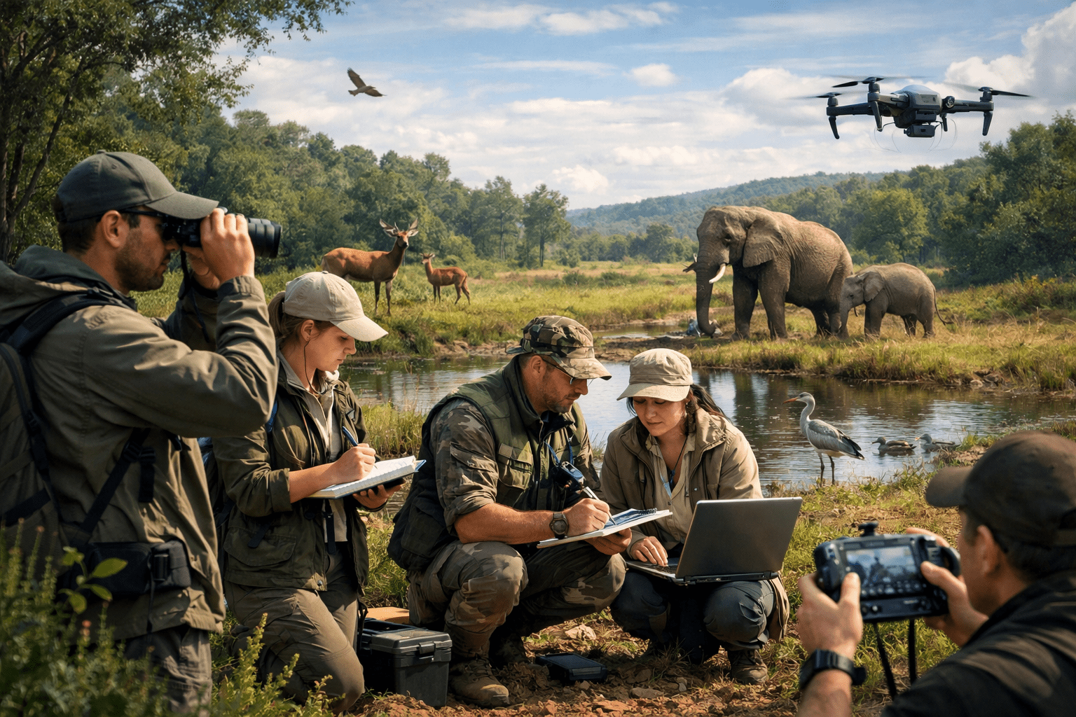 Wildlife Conservation Diploma students learning wildlife protection and habitat conservation in a natural fieldwork setting