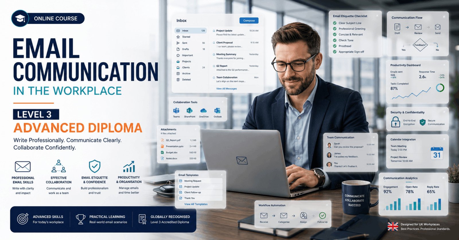 Professional Workplace Email Communication course featuring business emails, inbox management, collaboration, and email security.