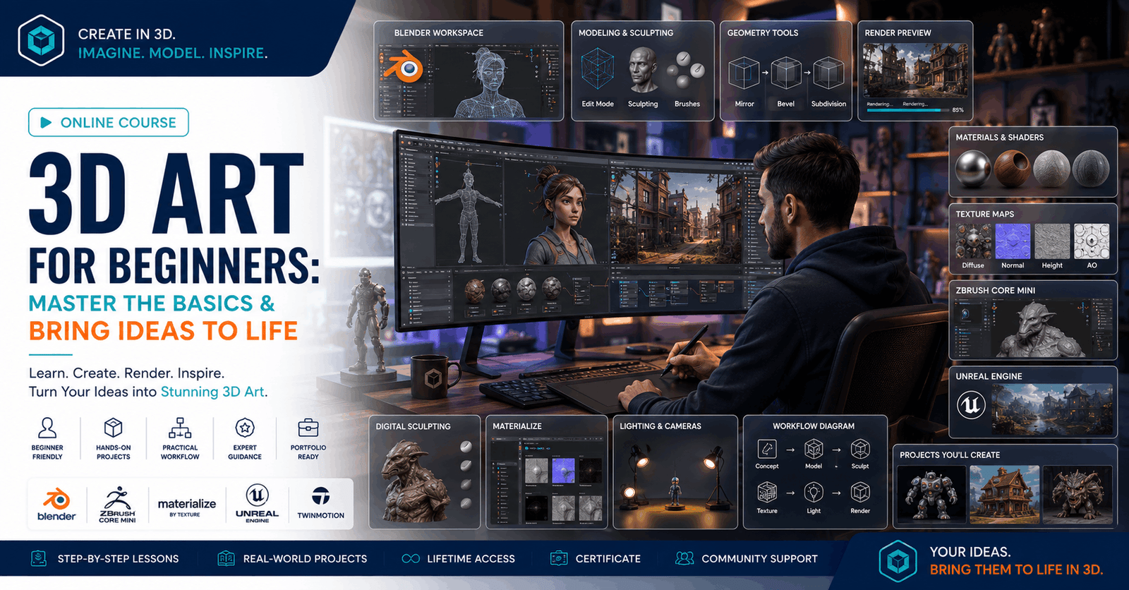 Professional 3D Art Course featuring Blender, 3D modelling, sculpting, materials, and digital art creation.