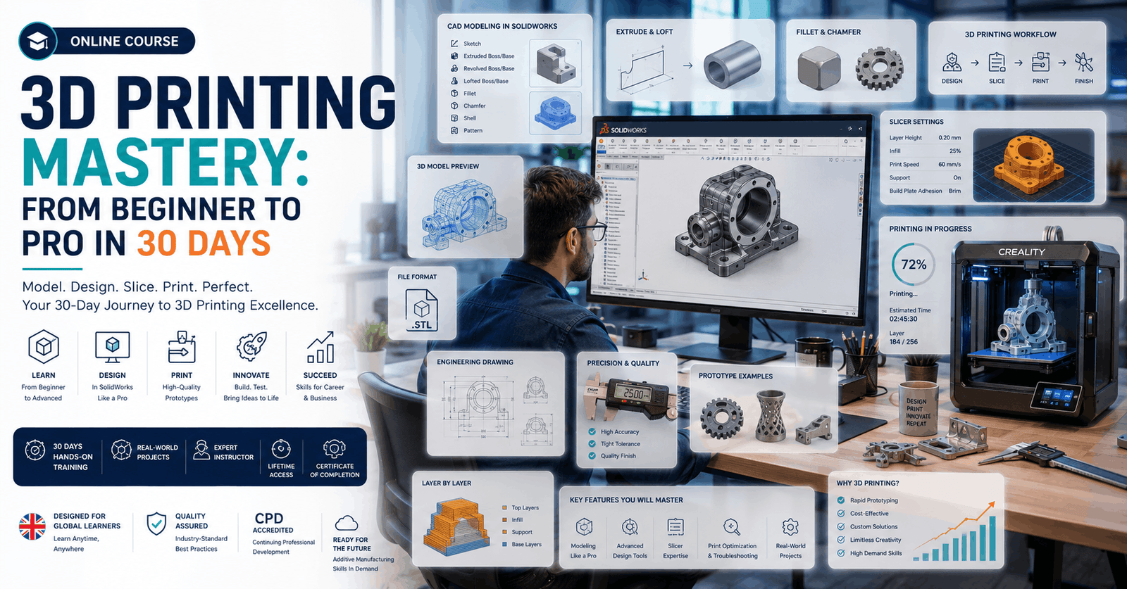 Professional 3D Printing Course featuring SolidWorks design, 3D modelling, CAD software, and desktop 3D printer.