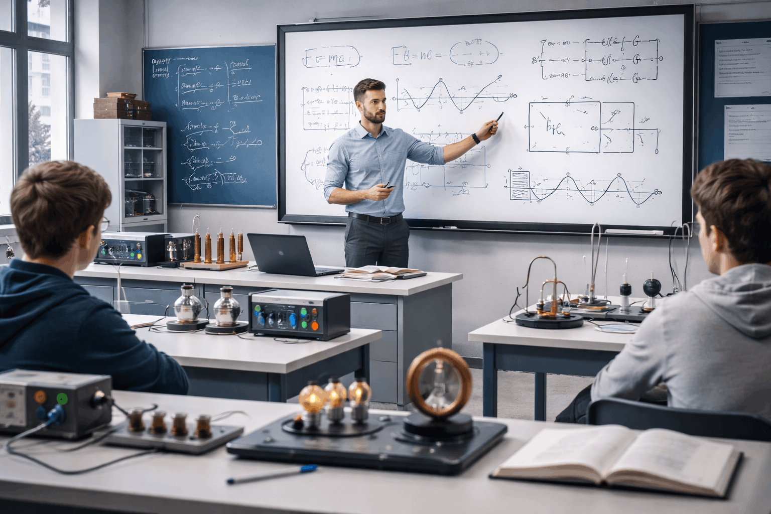 A Level Physics classroom with equations, diagrams, and laboratory equipment supporting mechanics, waves, and electricity topics.