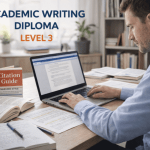 Academic writing diploma training showing research, structured writing, and critical analysis in a modern study environment