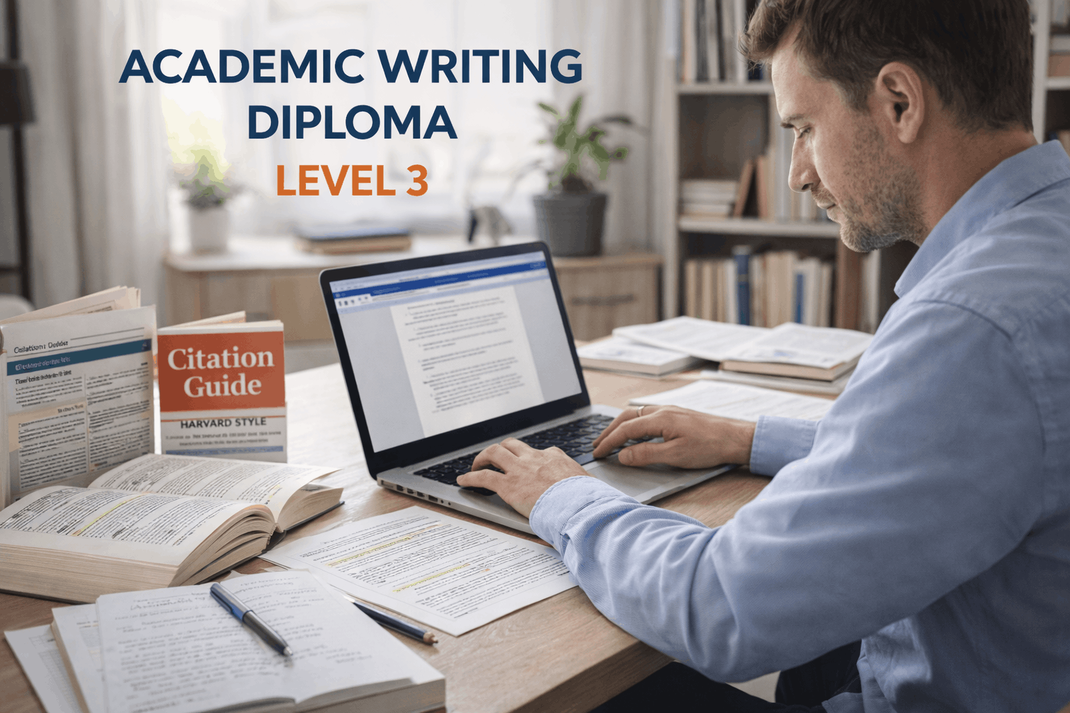 Academic writing diploma training showing research, structured writing, and critical analysis in a modern study environment