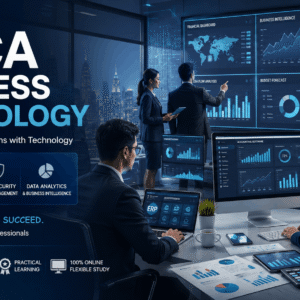 ACCA Business Technology course showing digital finance dashboards, ERP systems, and business analytics tools
