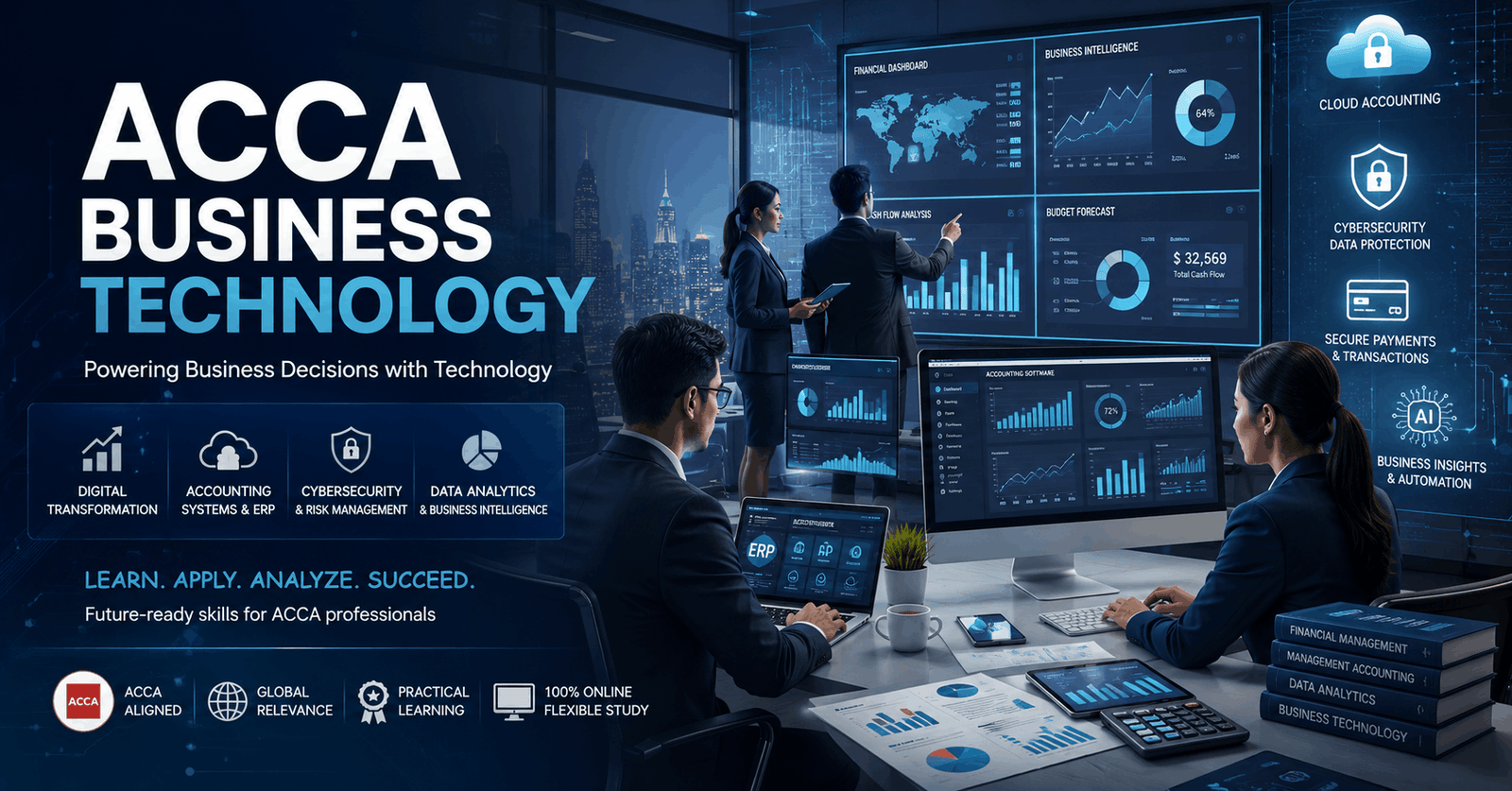 ACCA Business Technology course showing digital finance dashboards, ERP systems, and business analytics tools
