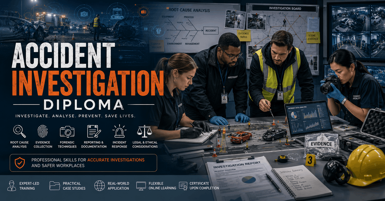 Investigators analysing evidence and reports in an Accident Investigation Diploma course