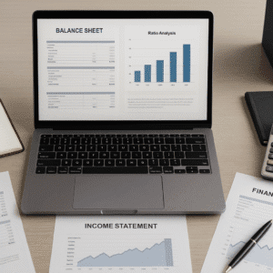 Professional desk setup with ledgers, reports, calculator, and laptop showing accounting and finance data.