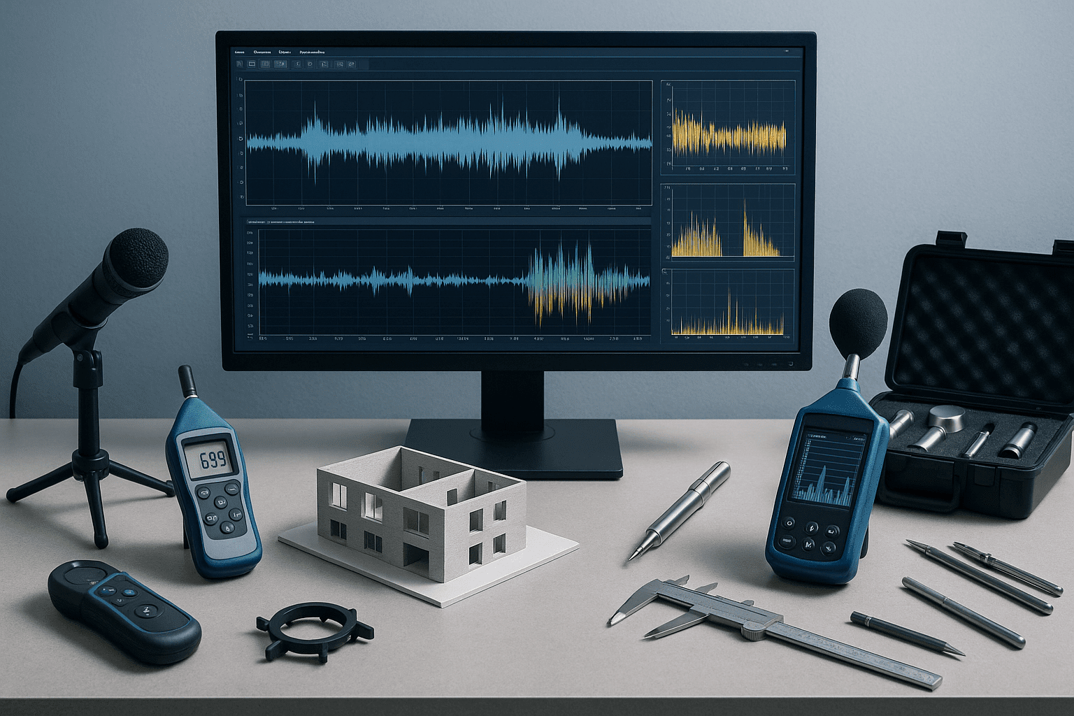 Realistic acoustic design workspace with testing tools and software, illustrating acoustic design concepts.