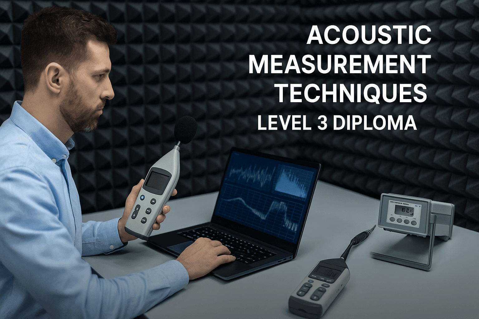 Engineer using acoustic measurement tools to analyse sound levels in a controlled environment for Acoustic Measurement Techniques training.