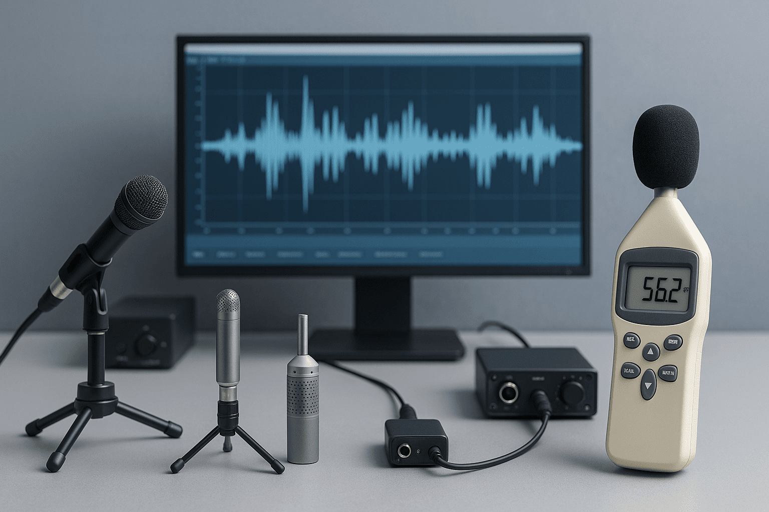 Modern acoustic research lab setup with sound meters, microphones and wave-analysis screens for the Acoustic Research course.