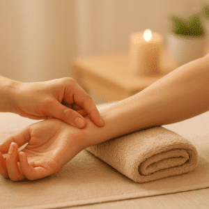 Acupressure essentials course image showing hands applying pressure to meridian points in a calm wellness setting.