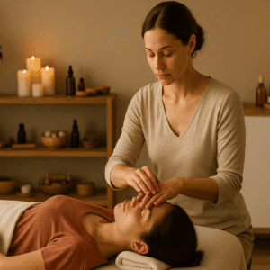 Acupressure mastery course image showing a person applying pressure to wellness points for pain and stress relief.