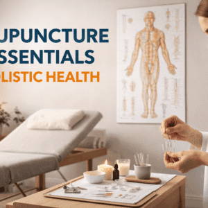 Acupuncture essentials training showing needles, meridian points, and holistic health practice in a calm clinical setting