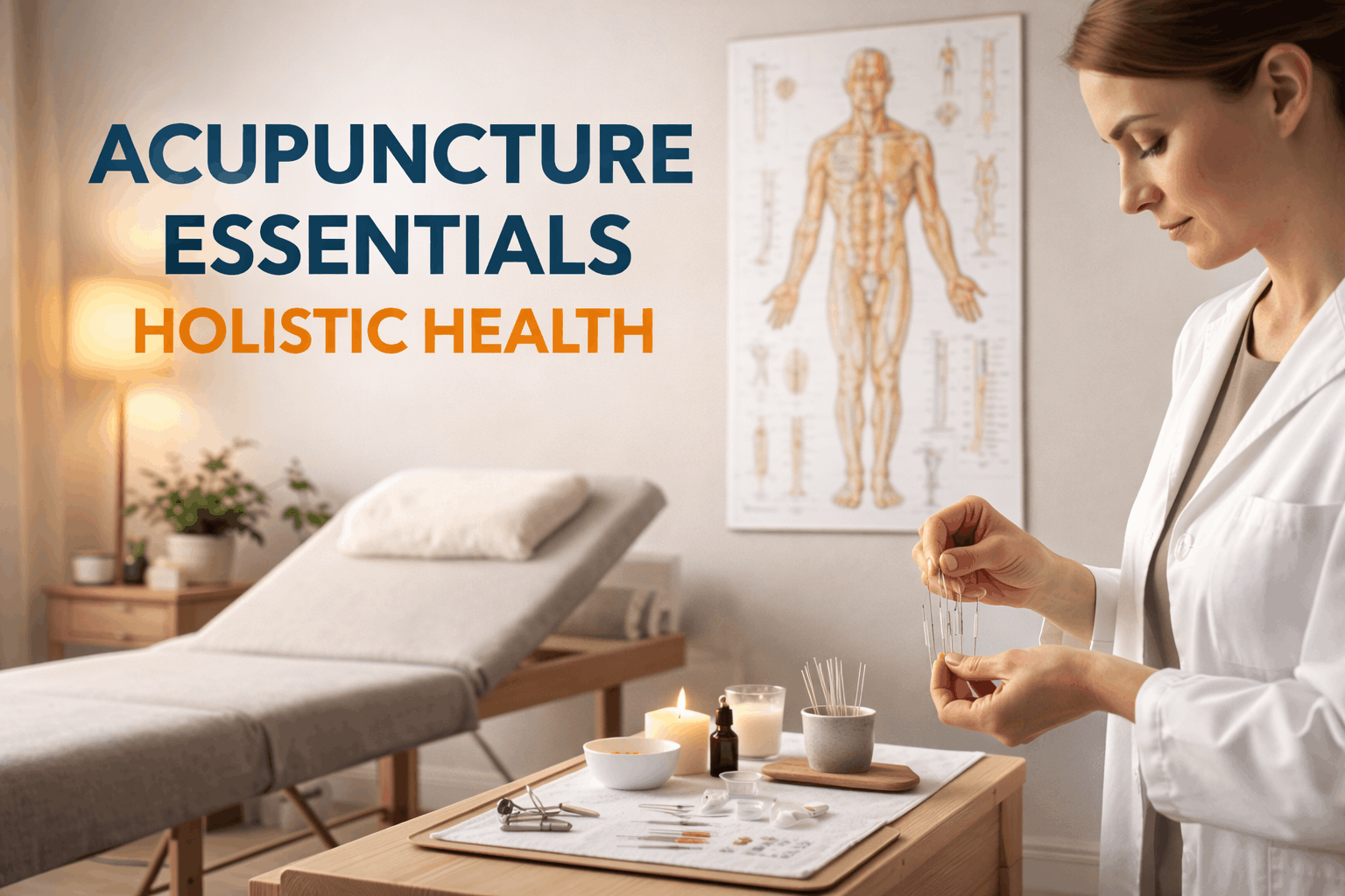 Acupuncture essentials training showing needles, meridian points, and holistic health practice in a calm clinical setting