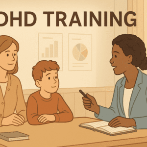 ADHD training illustration showing child, parent, and educator discussing strategies in a calm classroom.