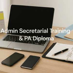 Office desk scene with laptop, planner, documents, and stationery representing admin secretarial training.