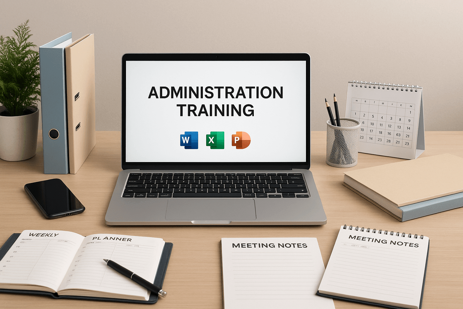 Administration training setup showing office desk, laptop, documents, planner and communication tools.