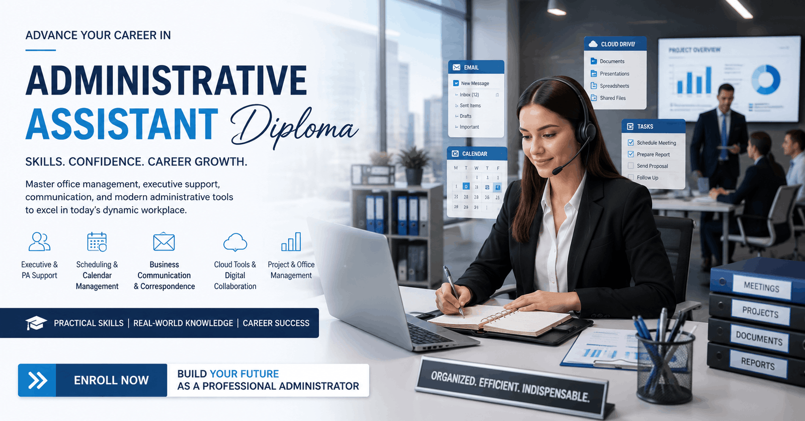 Professional office administrator working in a modern workspace for Administrative Assistant Diploma training