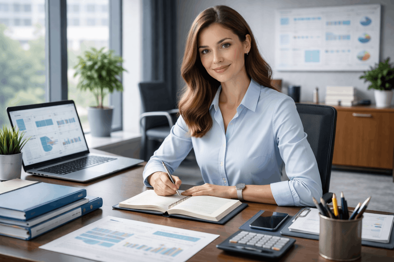 Administrator course showing a professional office administrator managing documents, schedules, and digital systems