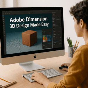 Student learning Adobe Dimension 3D design on computer, creating 3D models in a bright creative studio