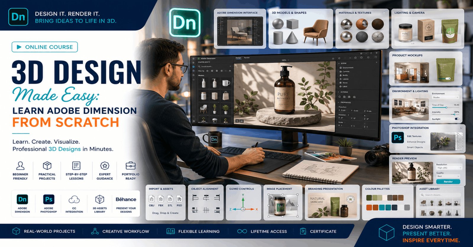 Professional Adobe Dimension Course featuring 3D product design, mockups, materials, lighting, and realistic rendering.