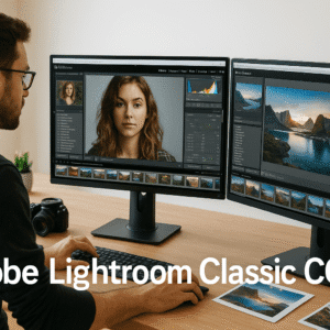 Student editing photos in Adobe Lightroom Classic CC on desktop computer, creative workspace