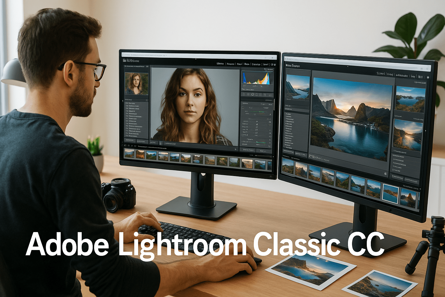 Student editing photos in Adobe Lightroom Classic CC on desktop computer, creative workspace