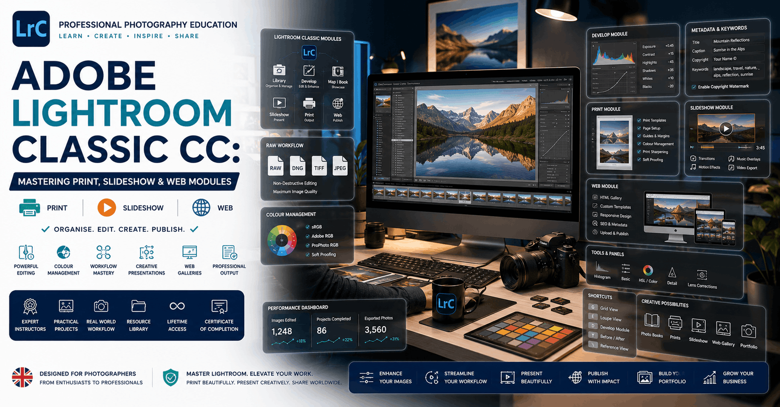 Professional Adobe Lightroom Classic course featuring photo editing, print layouts, slideshows, web galleries, and RAW workflow.