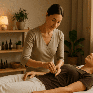 Advanced acupressure diploma training image showing instructor demonstrating pressure-point techniques in a modern wellness studio.