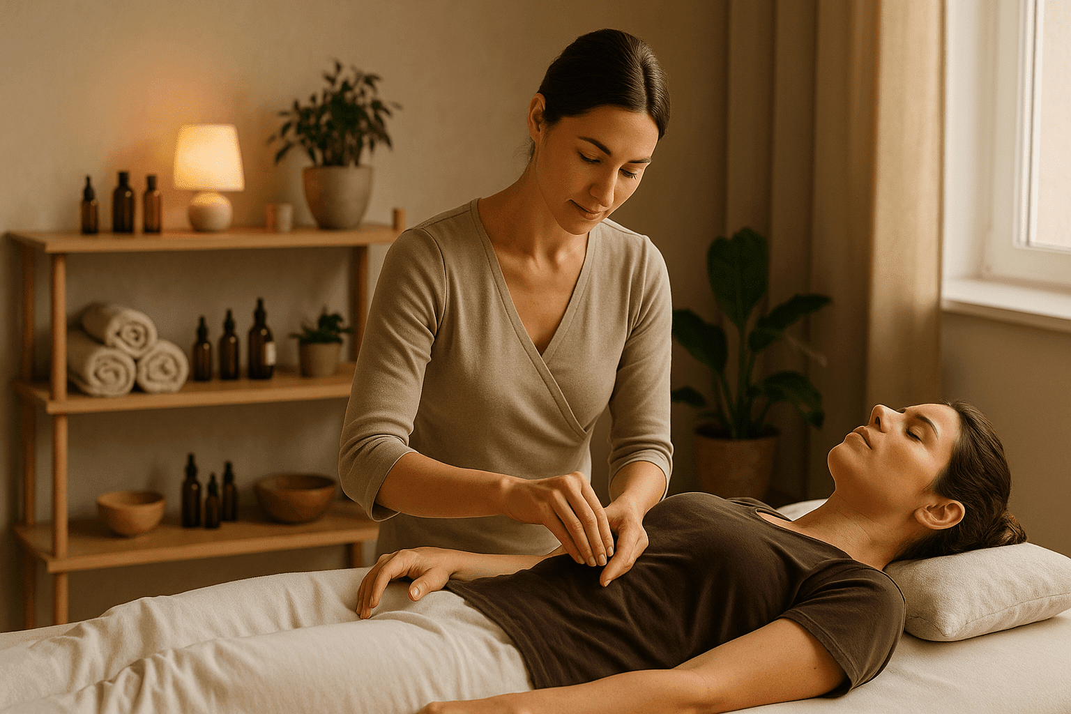 Advanced acupressure diploma training image showing instructor demonstrating pressure-point techniques in a modern wellness studio.