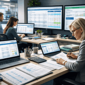 Advanced bookkeeping diploma showing UK financial records, VAT reports, payroll calculations, and professional accounting systems