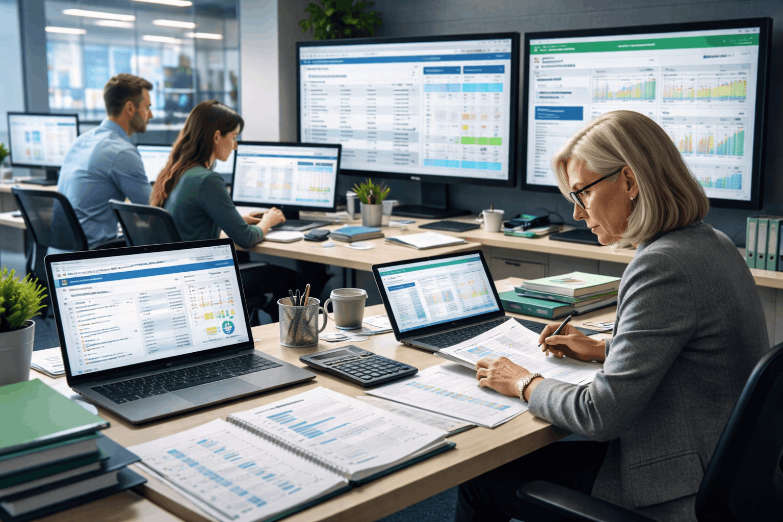 Advanced bookkeeping diploma showing UK financial records, VAT reports, payroll calculations, and professional accounting systems