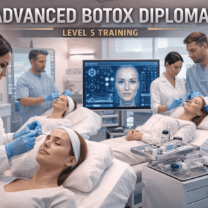 Advanced Botox Diploma Level 5 students performing precision facial injection techniques in a professional aesthetic clinic
