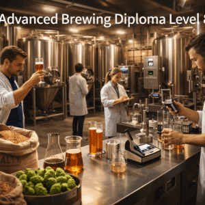 Advanced brewing diploma students working with fermentation tanks, malt and hops in a modern professional brewery