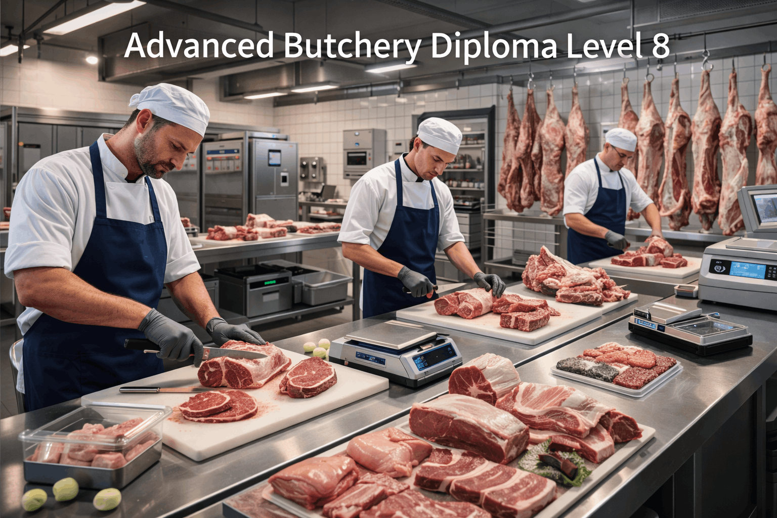 Advanced butchery diploma students preparing premium meat cuts in a modern professional butchery training facility