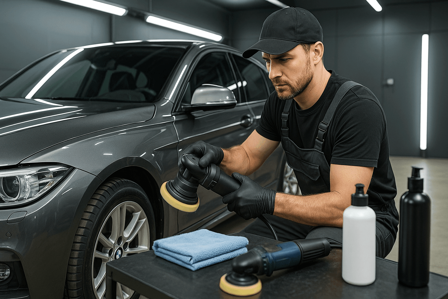Car detailer polishing vehicle exterior using pro tools for advanced car detailing training