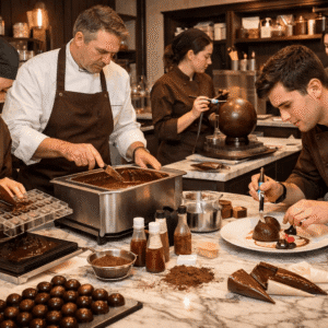 Advanced chocolate making students crafting artisan chocolates in a professional UK-style chocolate studio