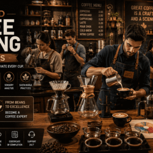 Baristas practising espresso extraction and latte art in an Advanced Coffee Brewing workshop