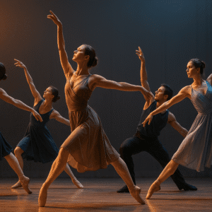 Professional dancers performing contemporary choreography on stage, representing an advanced dance course.